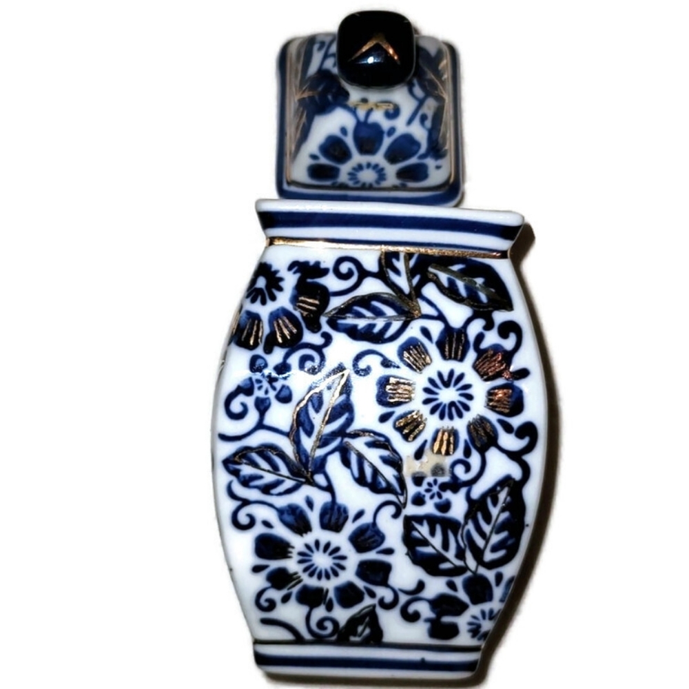VTG vase Asian style ceramic 70's blue gold small